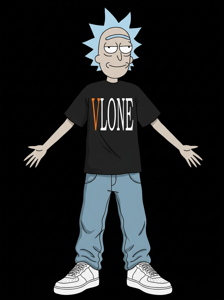 Vlone Rick standing in a black VLONE tee